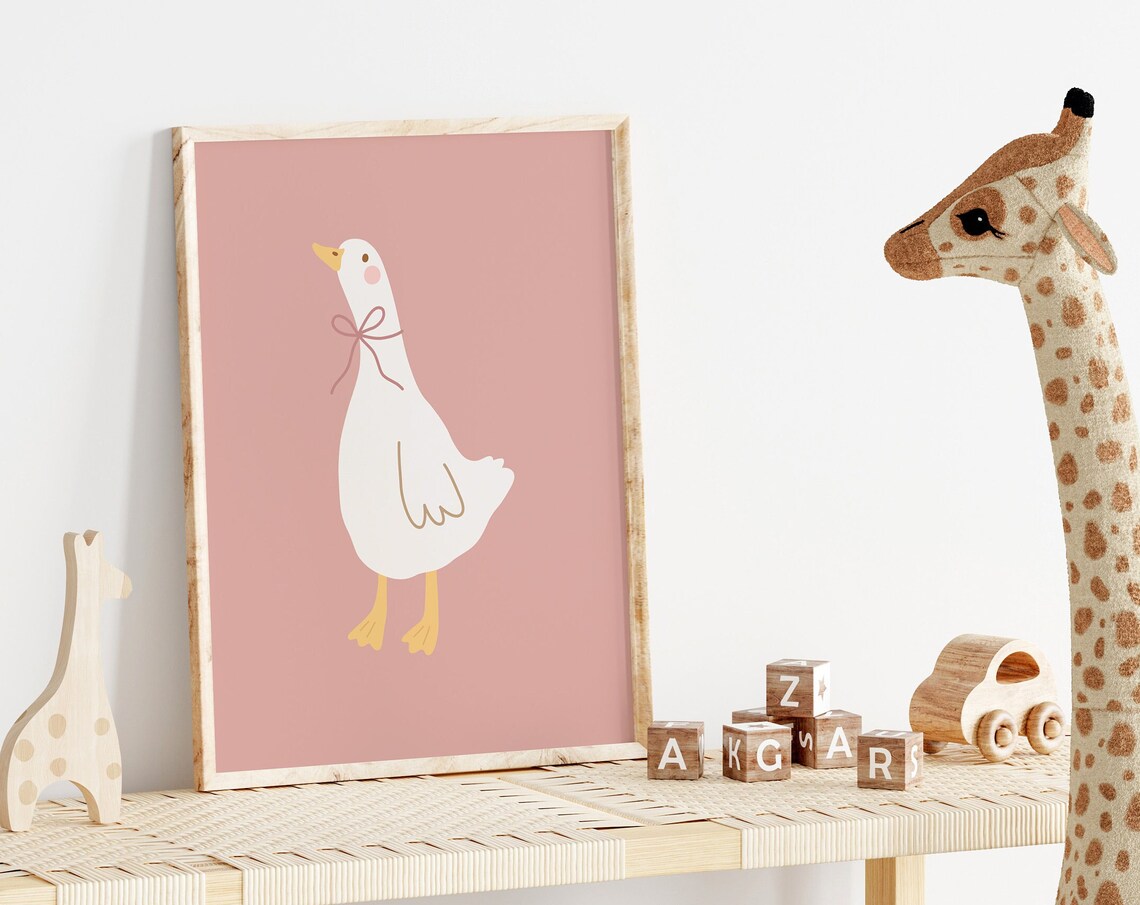 White Goose With Bow Cute Pink Girl Nursery Animal Decor Poster