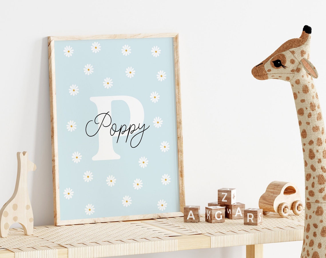 Personalized Name Daisy Blue Floral Nursery Custom Initial Art Poster