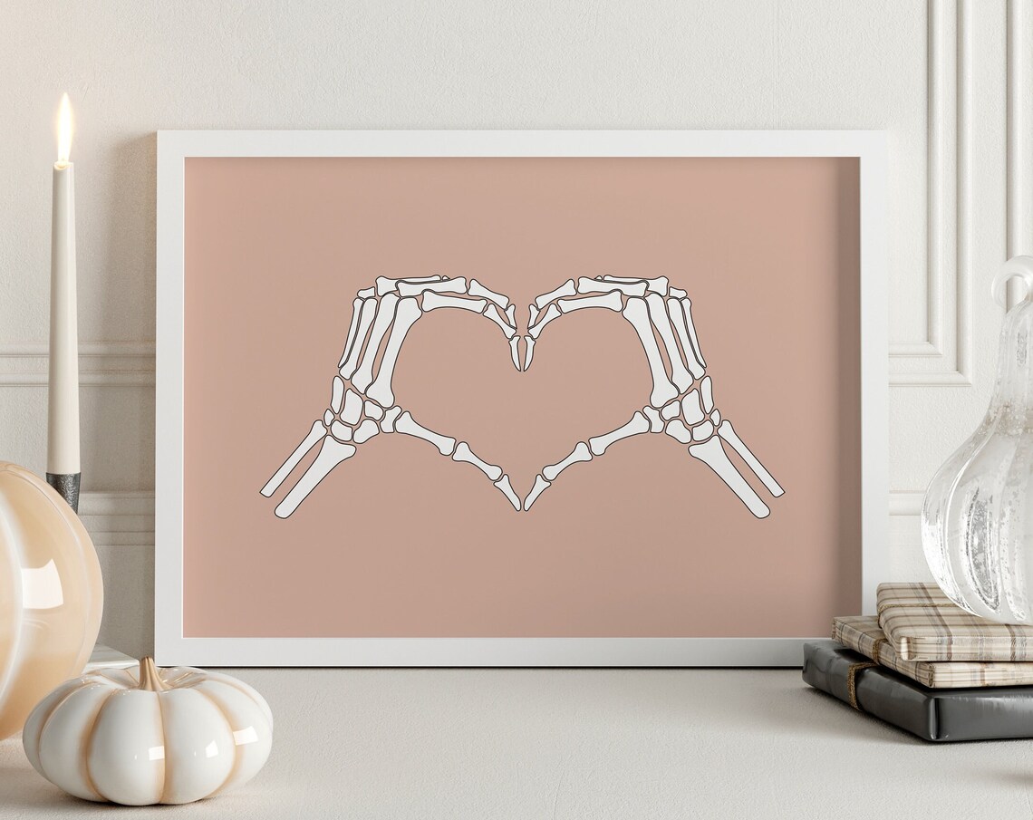 Skeleton Hands Heart White on Dusty Rose Spooky Halloween Poster