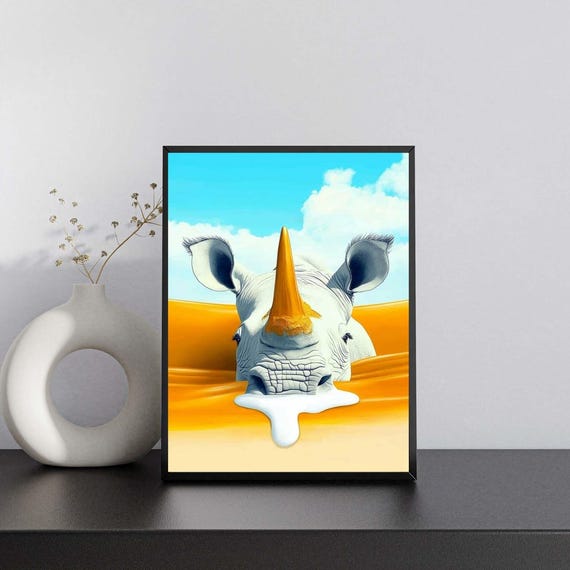 Majestic Golden Horn Rhino Print Surreal Abstract Wildlife Art Vibrant Orange Fantasy Landscape Instant Wall Decor