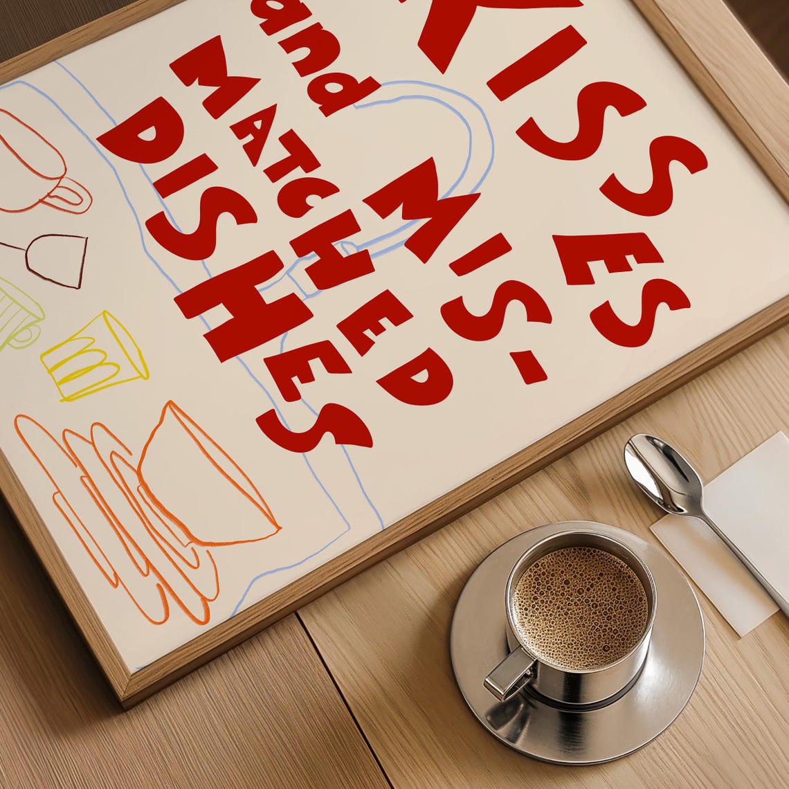 Kisses And Mismatched Dishes Playful Red Kitchen Typography Poster - Image 2