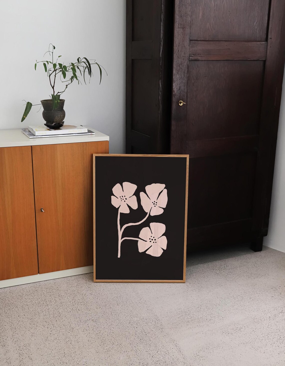 Three Cream Flowers On Black Background Modern Floral Art Poster - Image 3