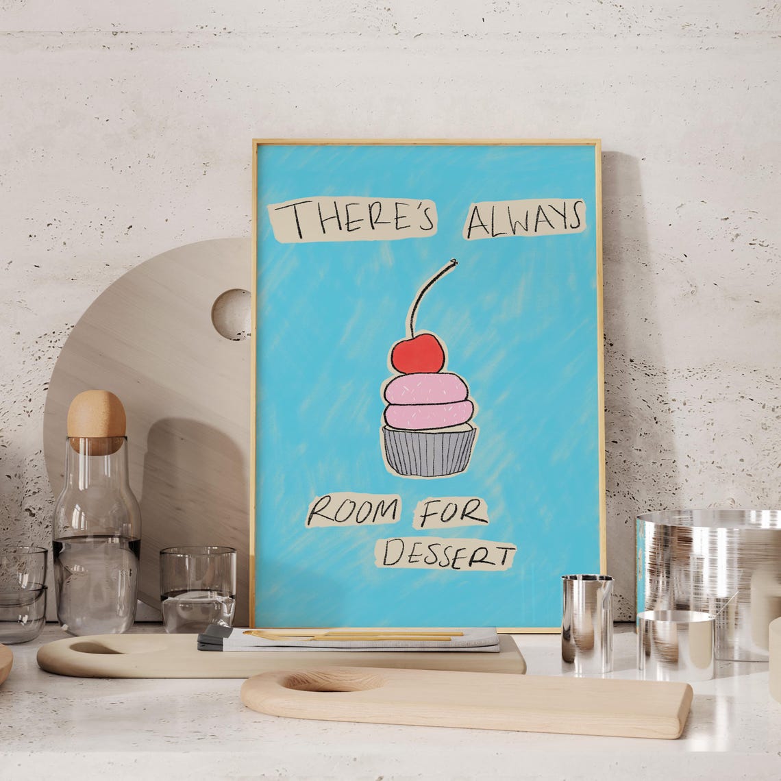 Theres Always Room For Dessert Cupcake Cherry Blue Kitchen Poster - Image 2