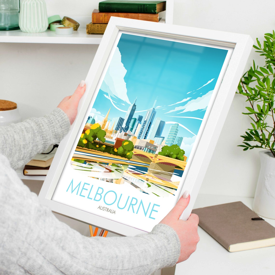 Melbourne Australia Skyline City River Bridge Modern Travel Poster - Image 4