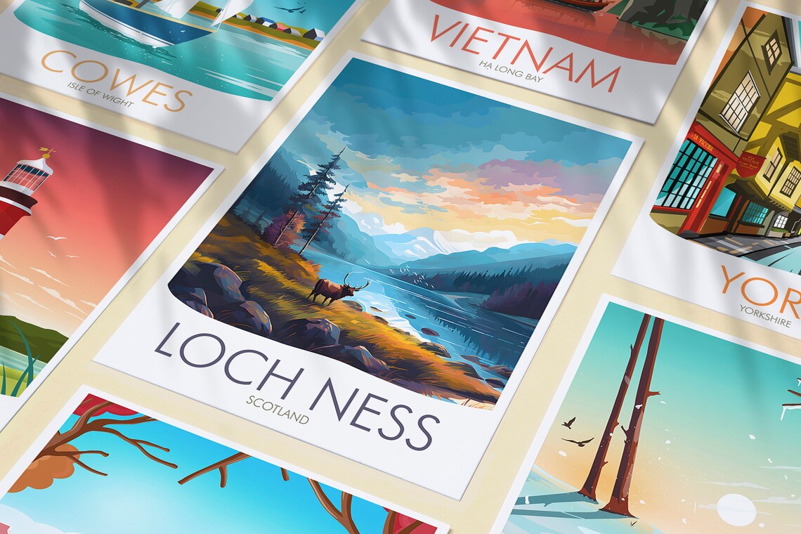 Loch Ness Scotland Stag at Sunset Lake Vintage Nature Travel Poster - Image 3
