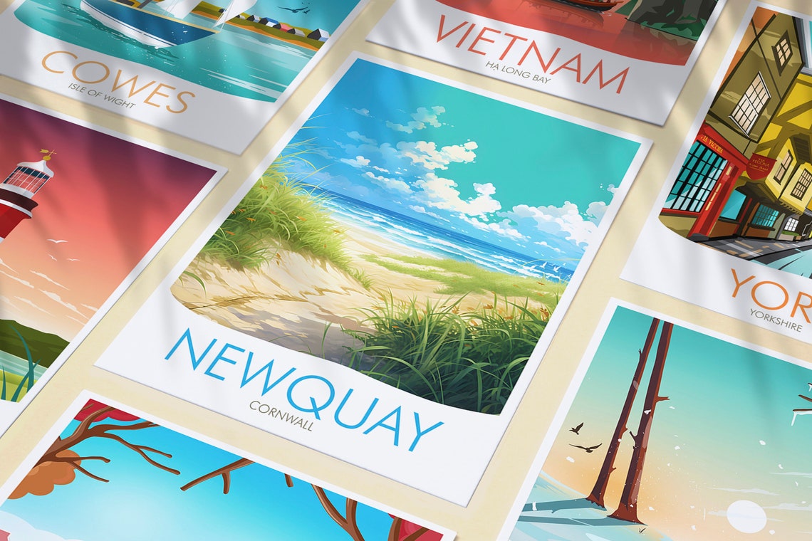 Newquay Cornwall Beach Dunes and Surf Waves Scene View Poster - Image 3
