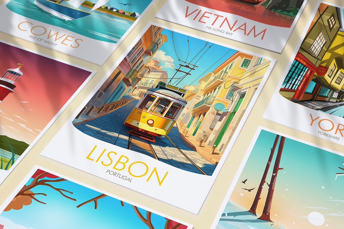 Lisbon Portugal Yellow Tram Cobblestone Street City Travel Poster - Image 3