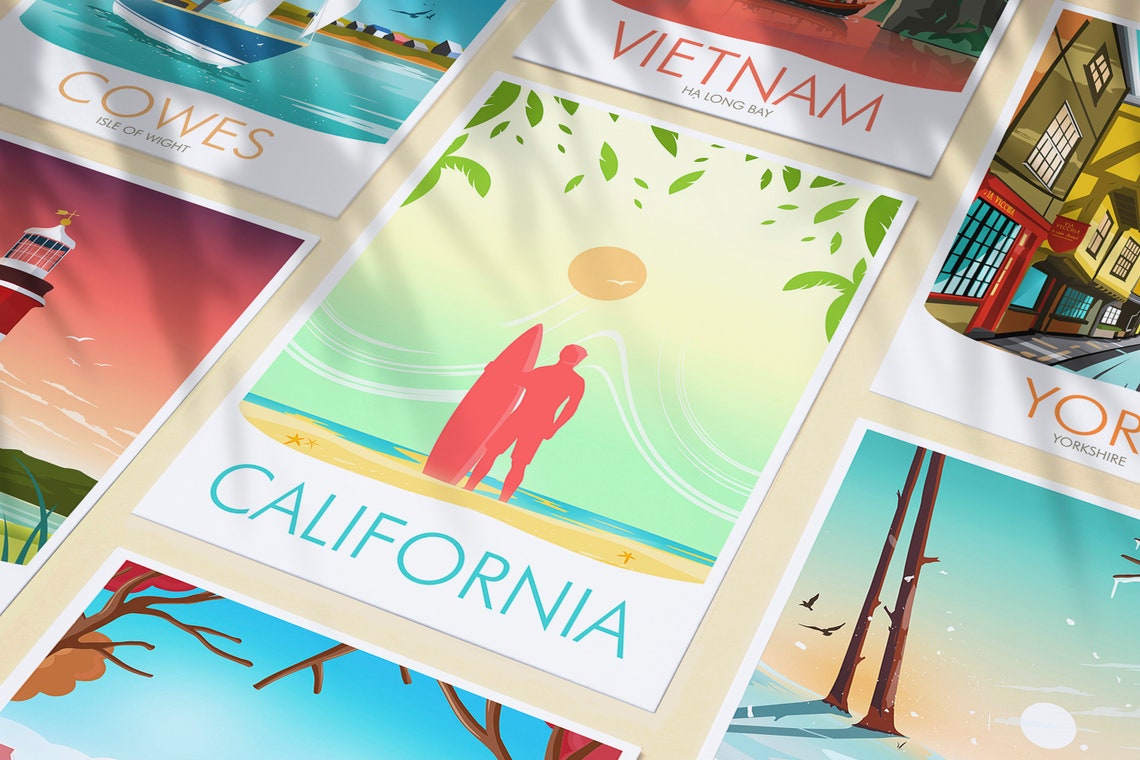 California Surfer Silhouette Golden Beach Sunset Scene Poster - Image 3