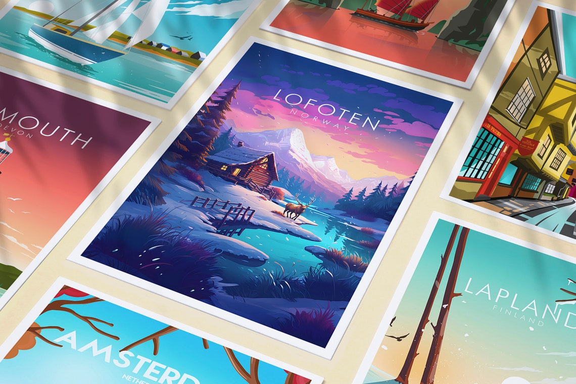 Lofoten Norway Snowy Cabin Reindeer Pink Sunset Fjord Travel Poster - Image 3