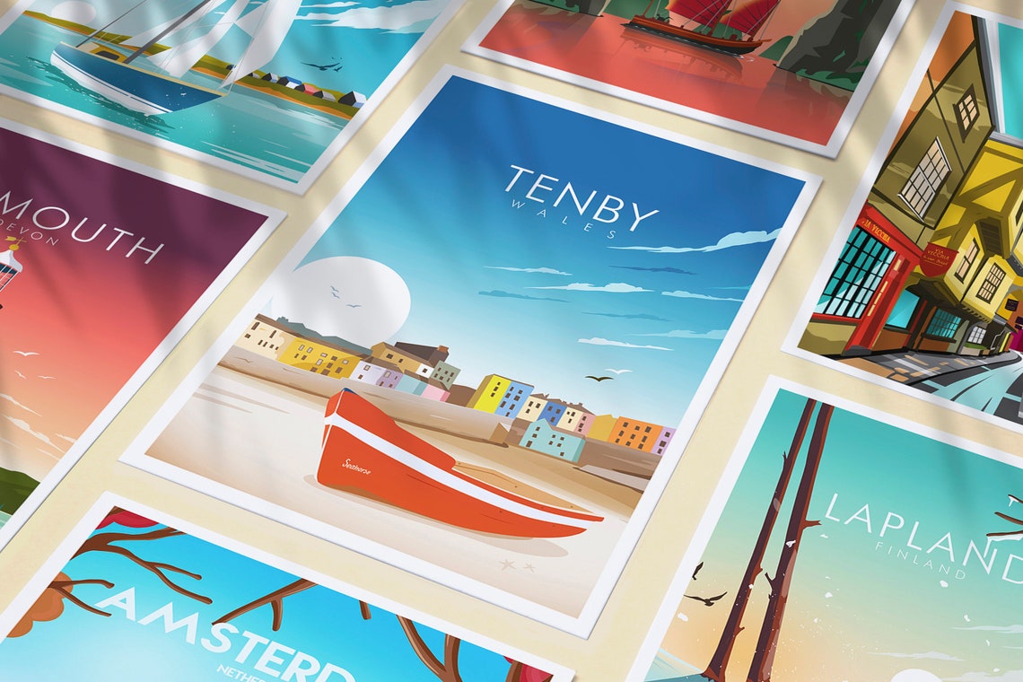 Tenby Wales Harbour Red Boat Colorful Seaside Town Beach Poster - Image 3