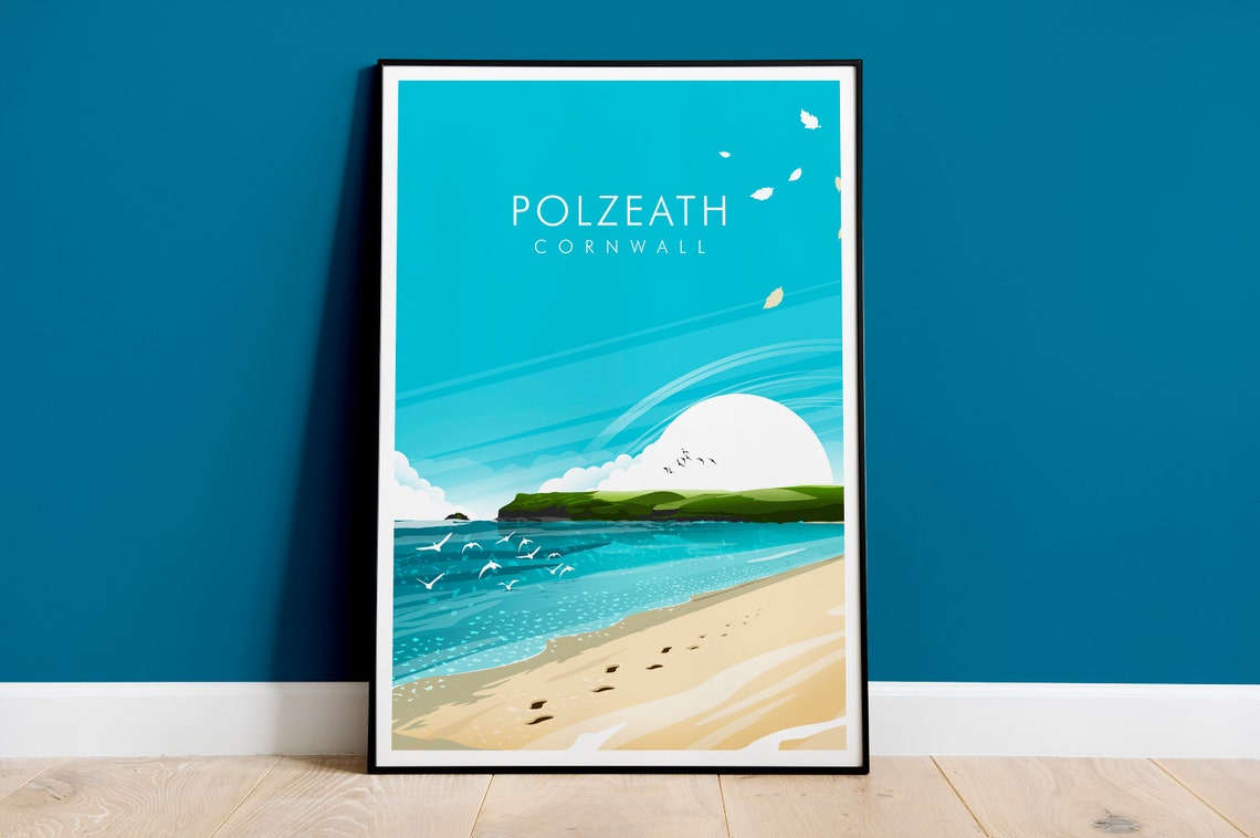 Polzeath Cornwall England Surf Beach Gulls Bright Sky Travel Poster