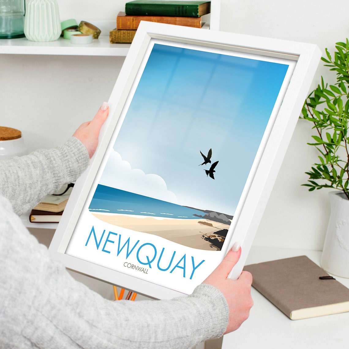 Newquay Cornwall England Minimalist Beach Seabirds Travel Poster - Image 4