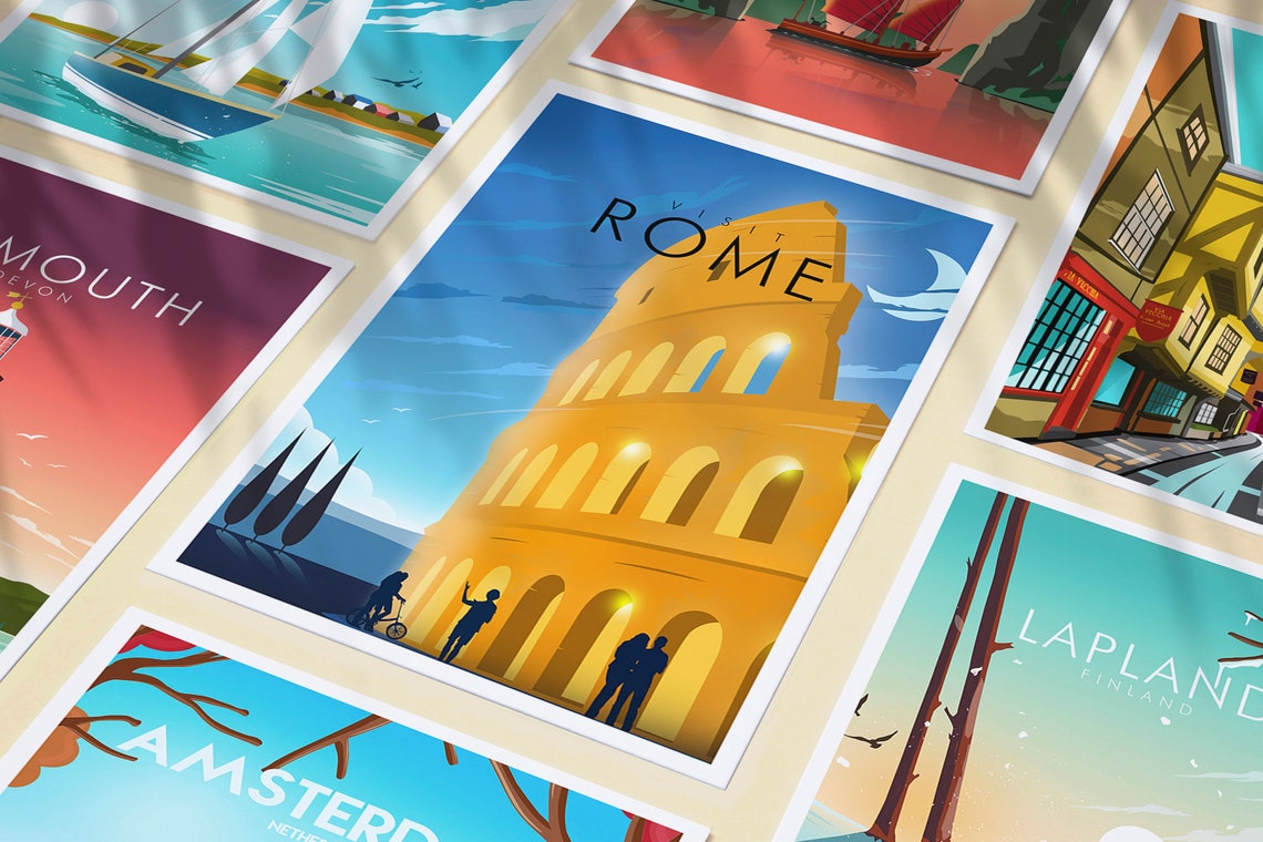 Visit Rome Italy Colosseum Golden Night Crescent Moon Poster - Image 3