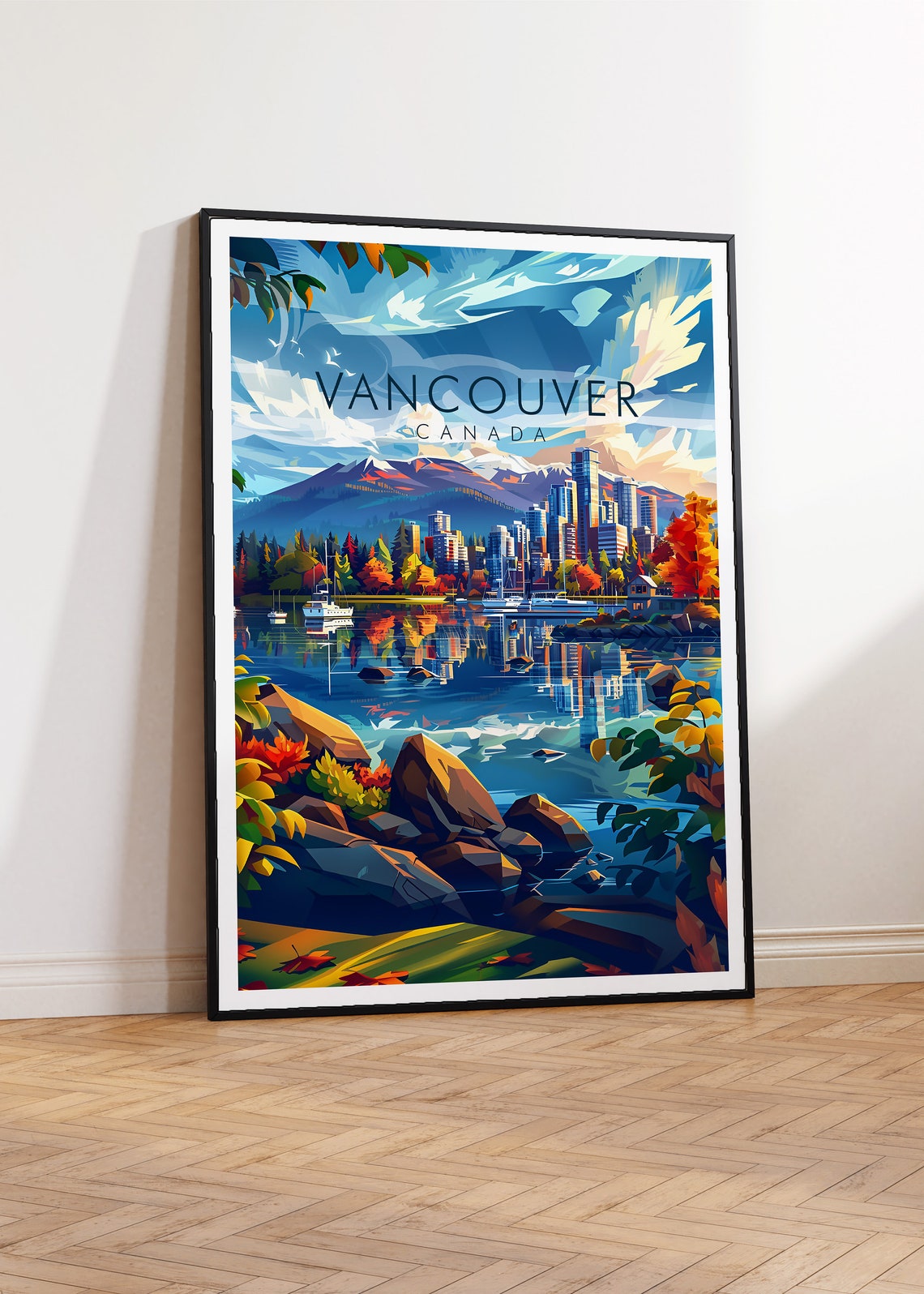 Vancouver Canada Skyline Waterfront Mountains Fall Colors Art Poster - Image 2