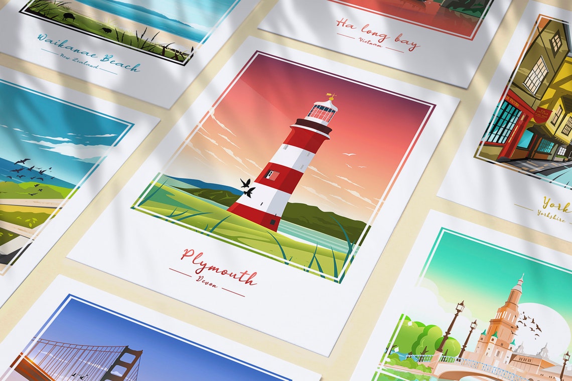 Plymouth Devon Striped Lighthouse Sunset Coastal Scene Poster - Image 3