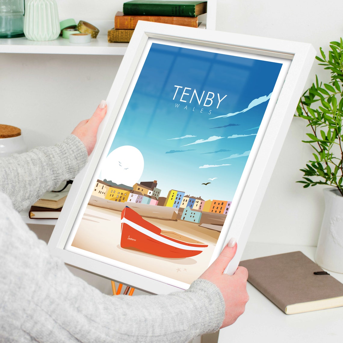 Tenby Wales Harbour Red Boat Colorful Seaside Town Beach Poster - Image 4