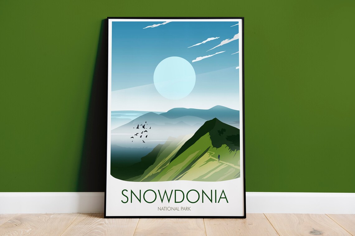 Snowdonia National Park Misty Green Mountains Wales Hiking Travel Poster