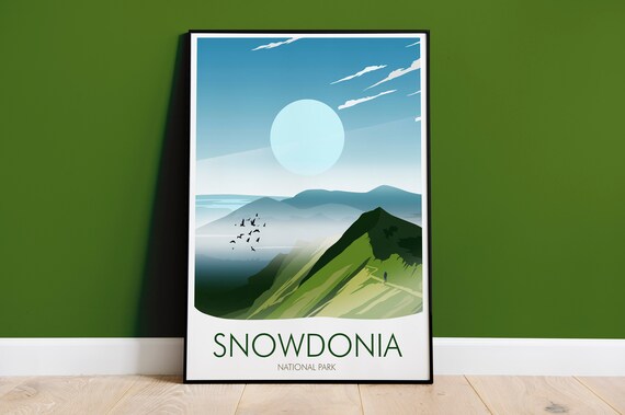 Snowdonia National Park Misty Green Mountains Wales Hiking Travel Poster