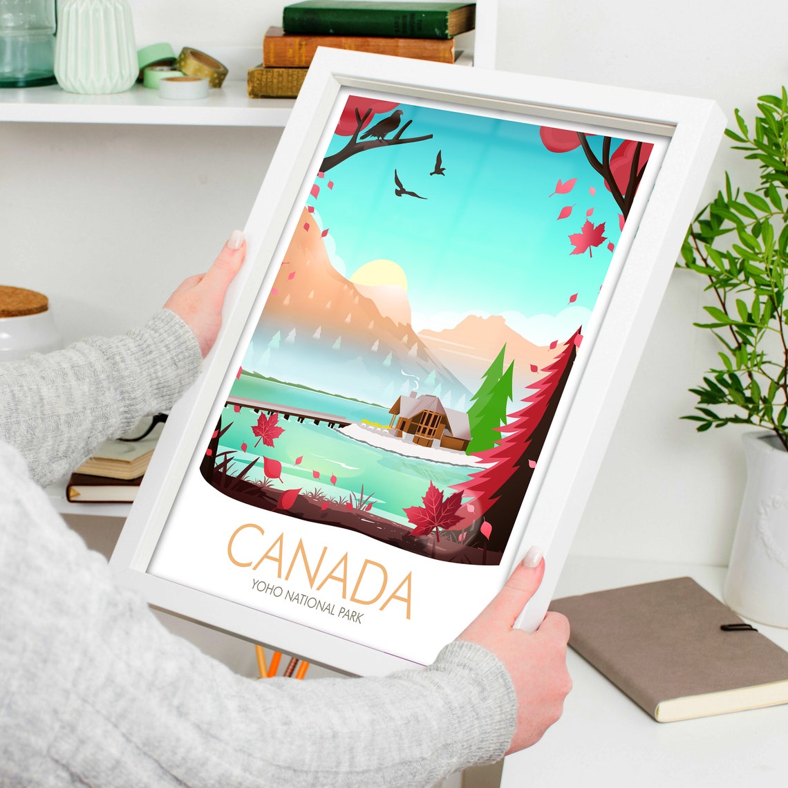 Yoho National Park Canada Autumn Lakeside Cabin Travel Poster - Image 4