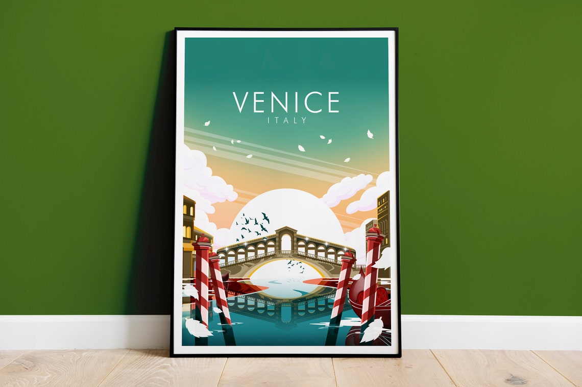 Venice Italy Rialto Bridge Sunset Grand Canal Romantic Travel Poster