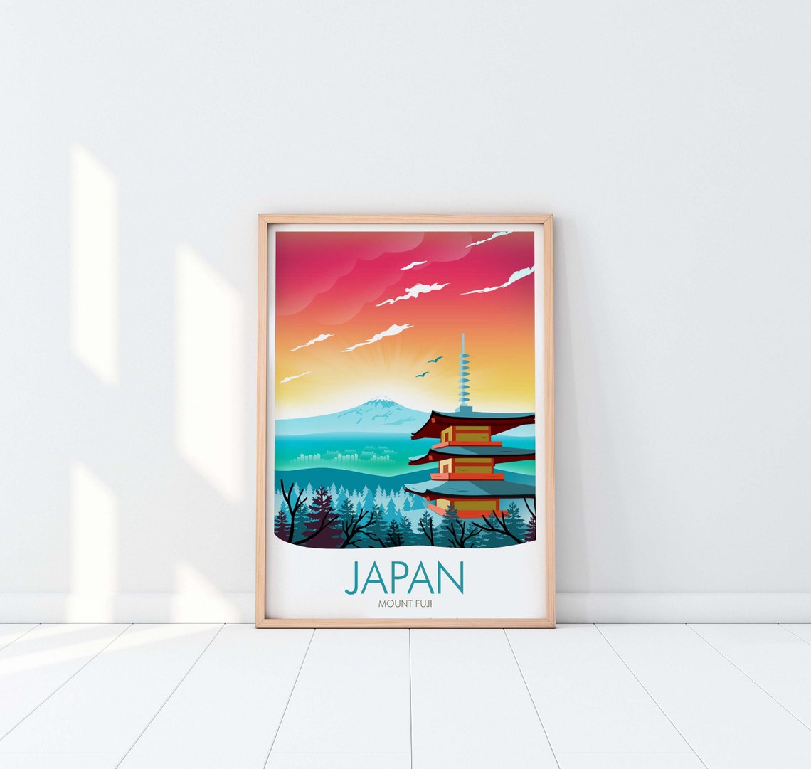 Japan Mount Fuji Pagoda Crimson Sunset Cherry Blossom Sky Poster - Image 3