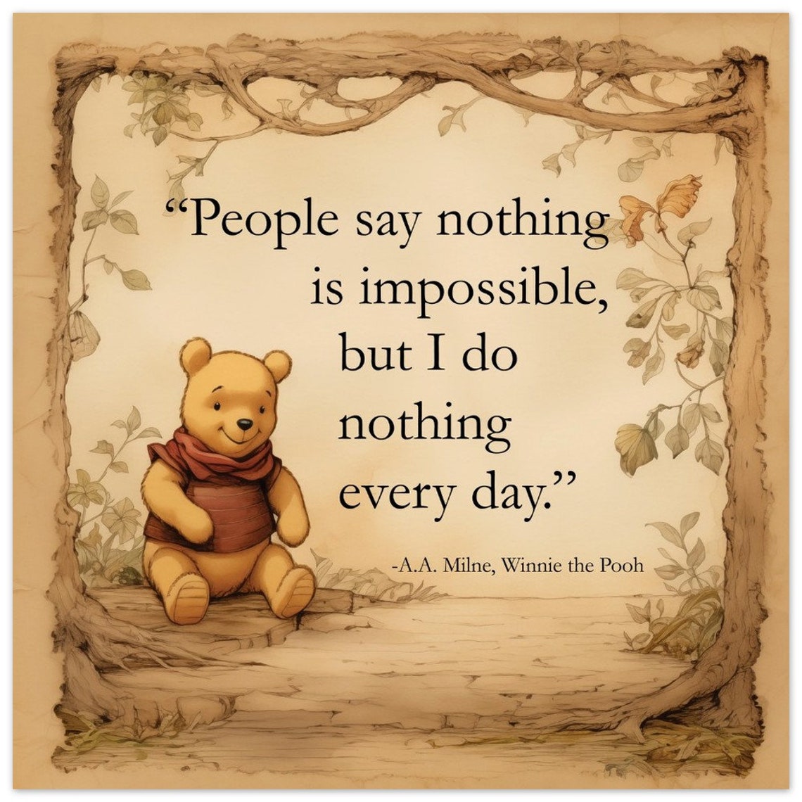 Winnie the Pooh Nothing Impossible Quote Tree Border Vintage Print