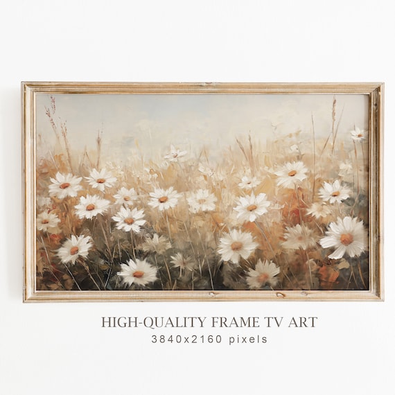 White Daisy Meadow Neutral Wildflower Field Frame TV Art Print Farmhouse