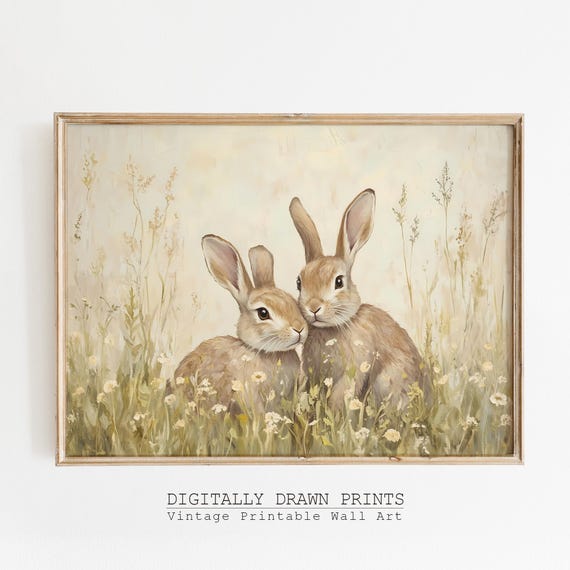 Vintage Easter Bunny Wall Art Spring Rabbit Oil Painting Farmhouse Print Wildflowers Landscape