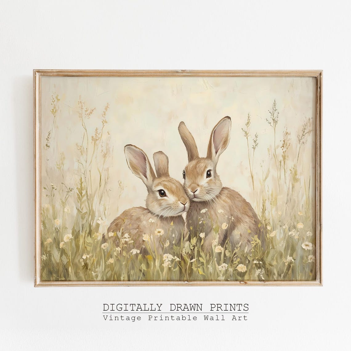 Vintage Easter Bunny Pair In Wildflower Meadow Printable Art Poster