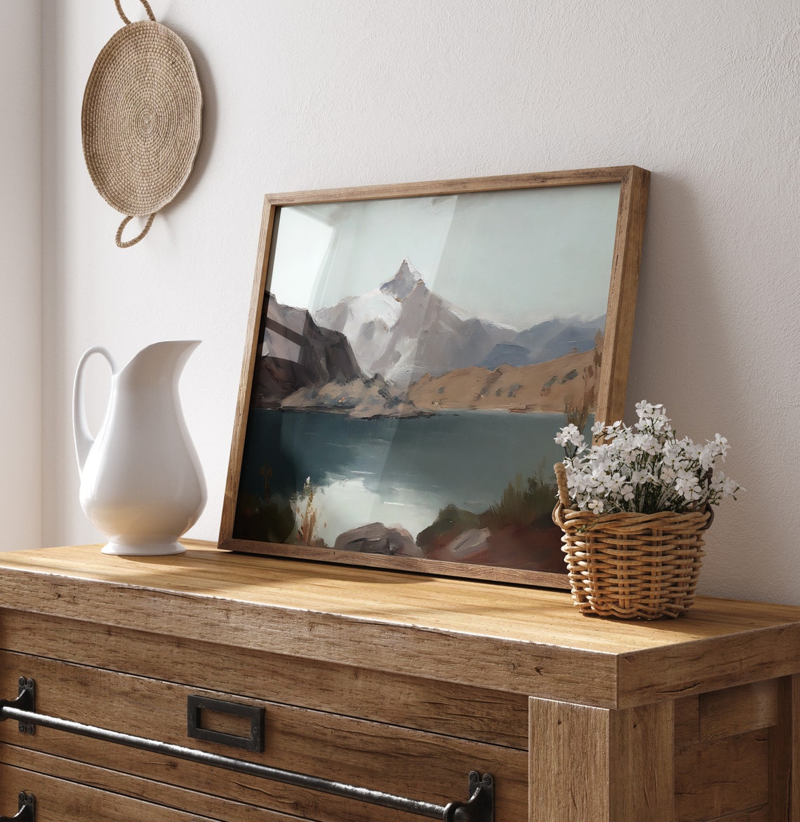 Snow Capped Mountain Lake Reflection Alpine Oil Painting Vintage Print - Image 3