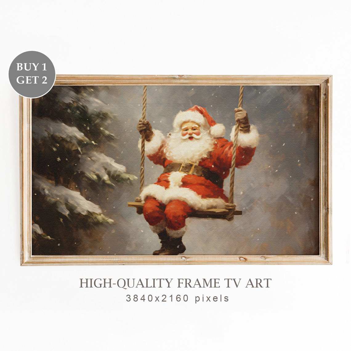 Vintage Santa Claus on Swing Snowy Christmas Scene Festive Art Print