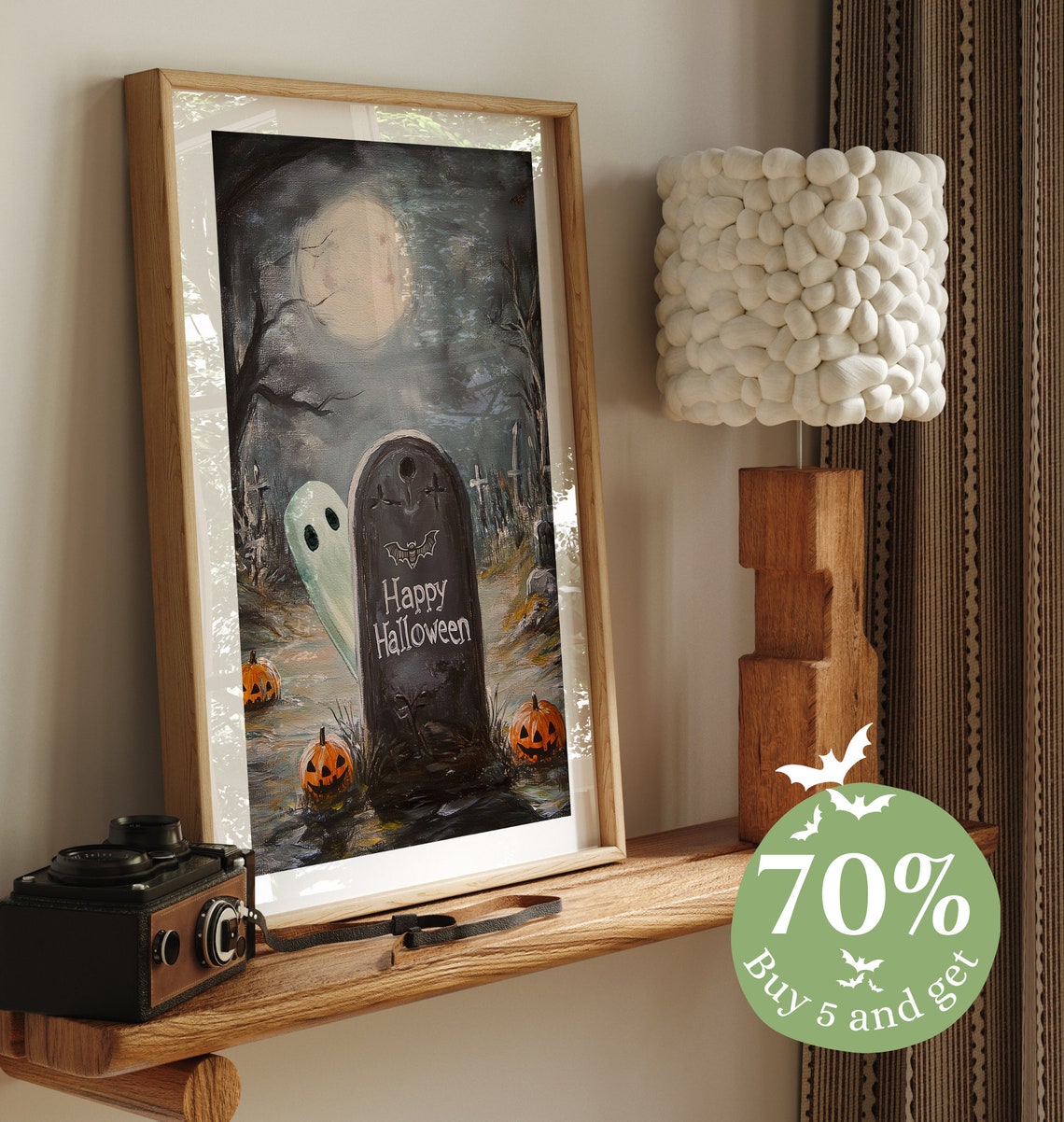 Halloween Cute Ghost Graveyard Wall Art Ghost Painting Spooky Cemetery Halloween Print Vintage Halloween Decor Instant - Image 4