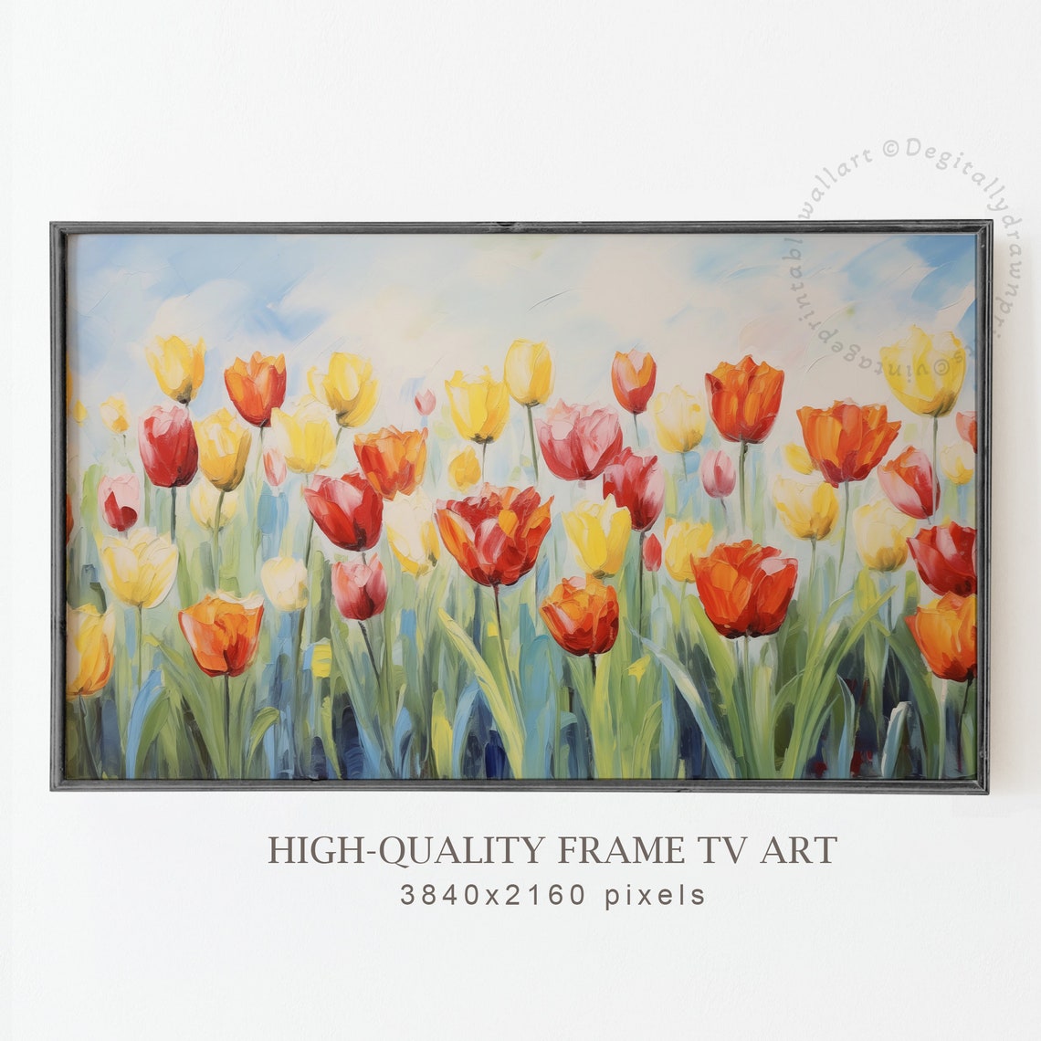 Red Yellow Orange Tulips Under Blue Sky Spring Field Art Print - Image 4
