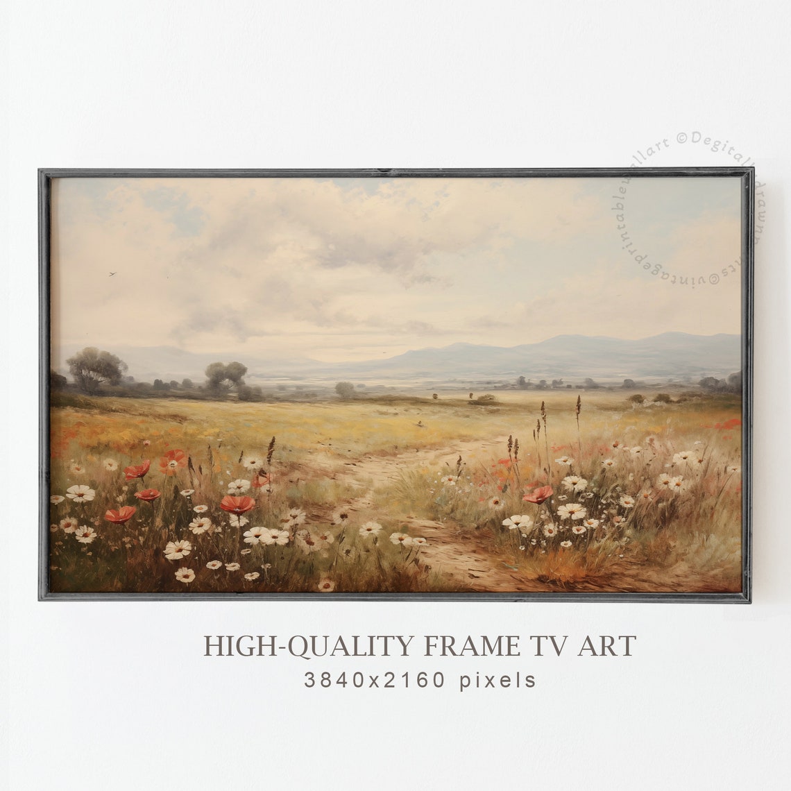 Misty Wildflower Meadow Path Distant Mountains Vintage TV Art Poster - Image 3