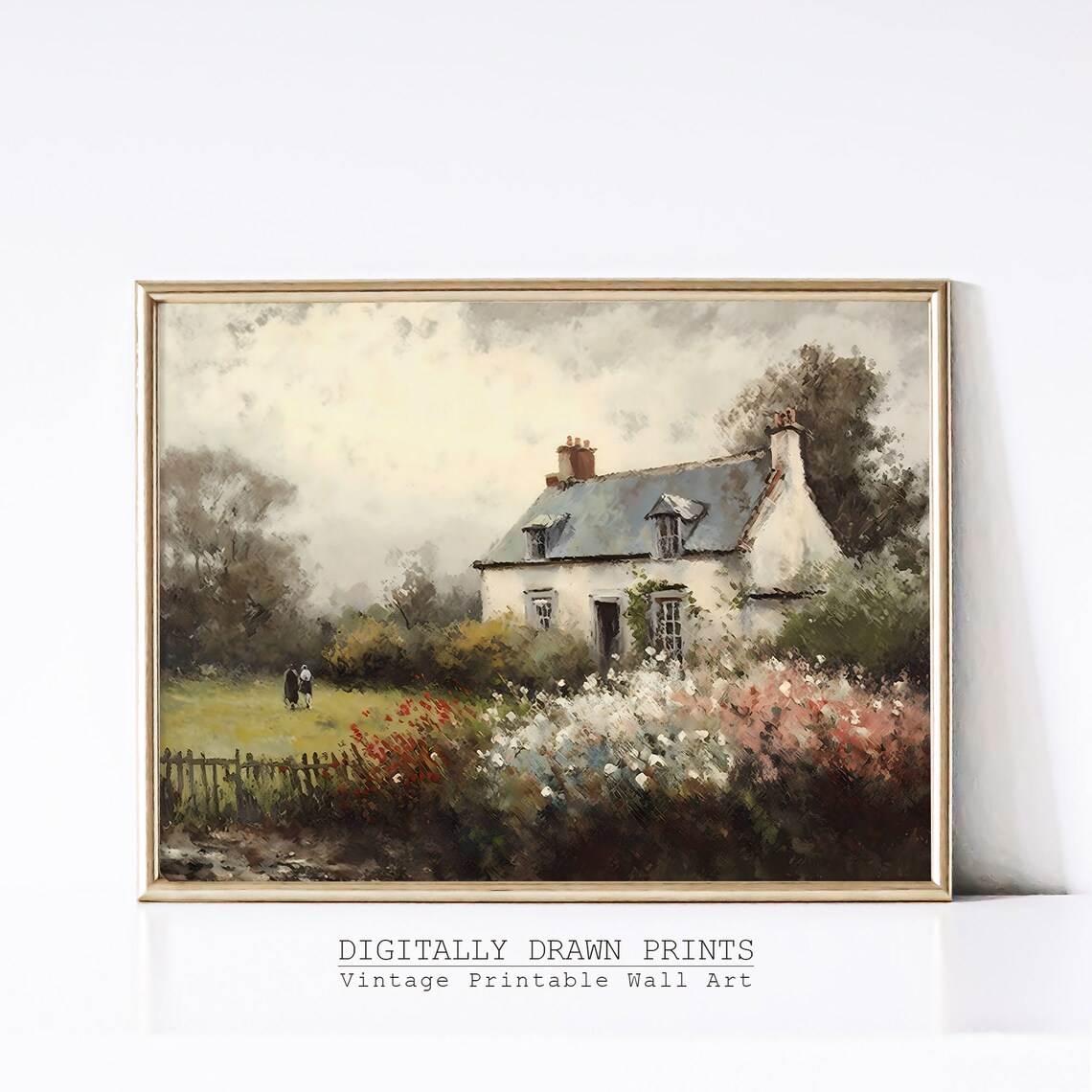 Cottage Oil Painting Rose Garden Vintage Poster