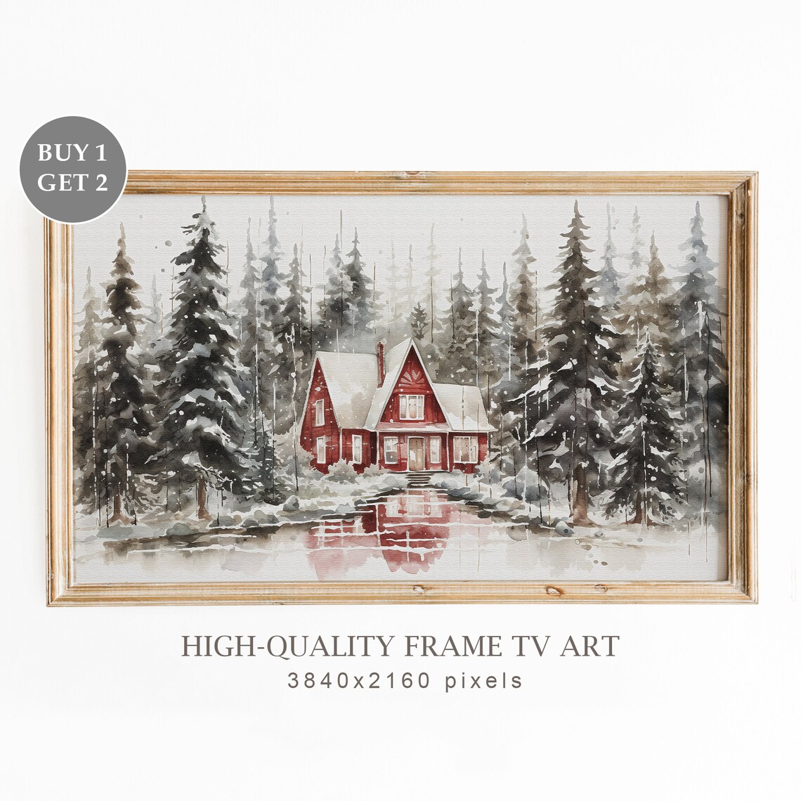 Red Wooden House Reflected In Icy Winter Lake Forest Painting Print