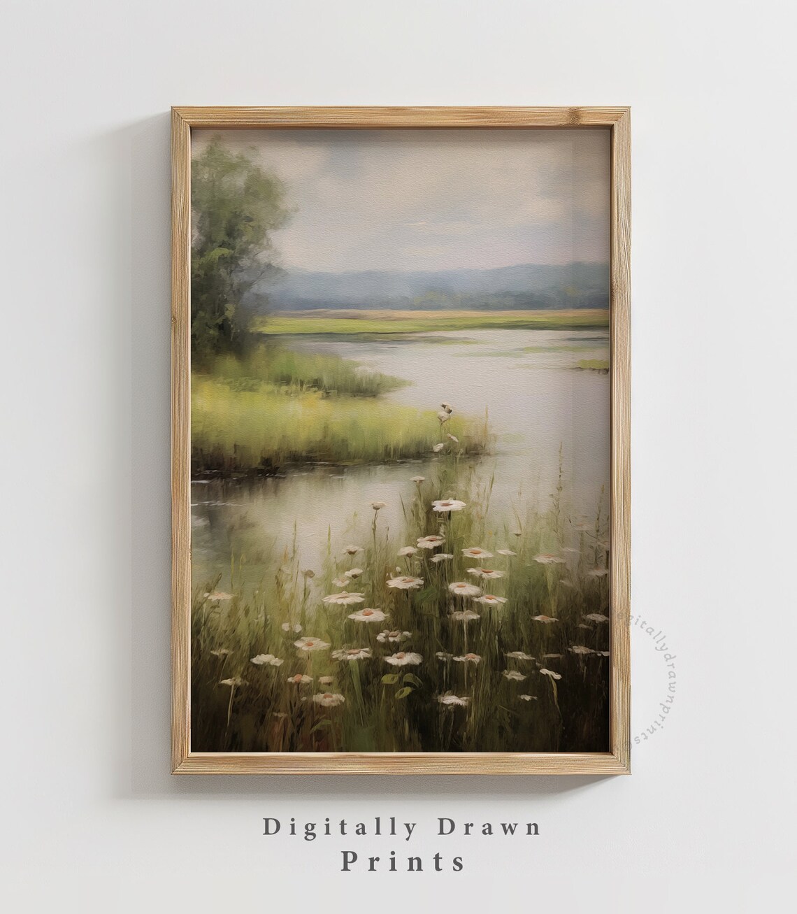 Daisies By Still Lake Vintage Floral Meadow Landscape Oil Painting Poster - Image 2
