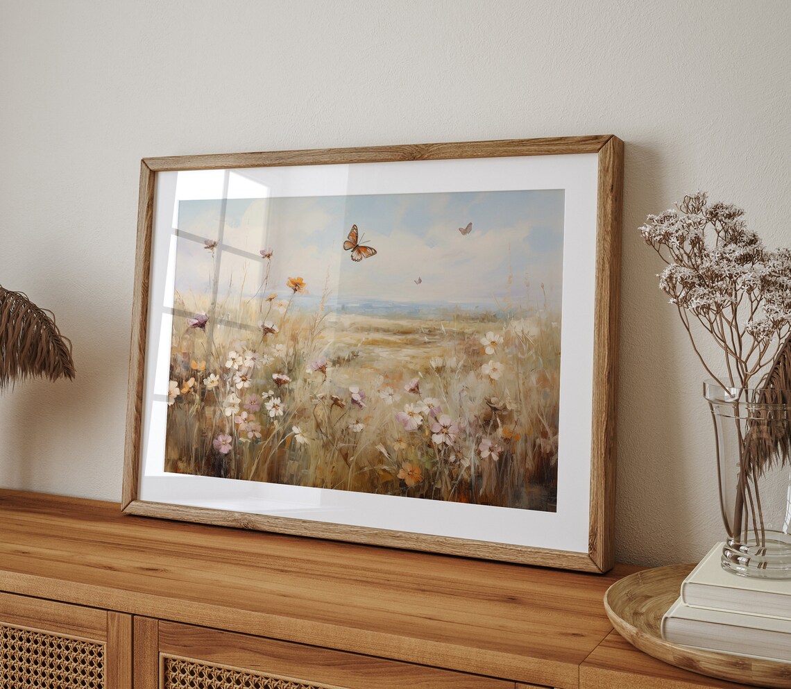 Butterfly Wildflower Field Landscape Vintage Art Print - Image 3