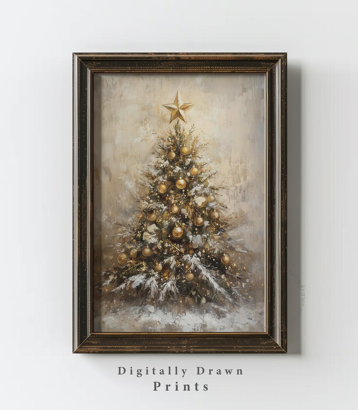 Vintage Golden Christmas Tree Art Print, Rustic Holiday - Image 3