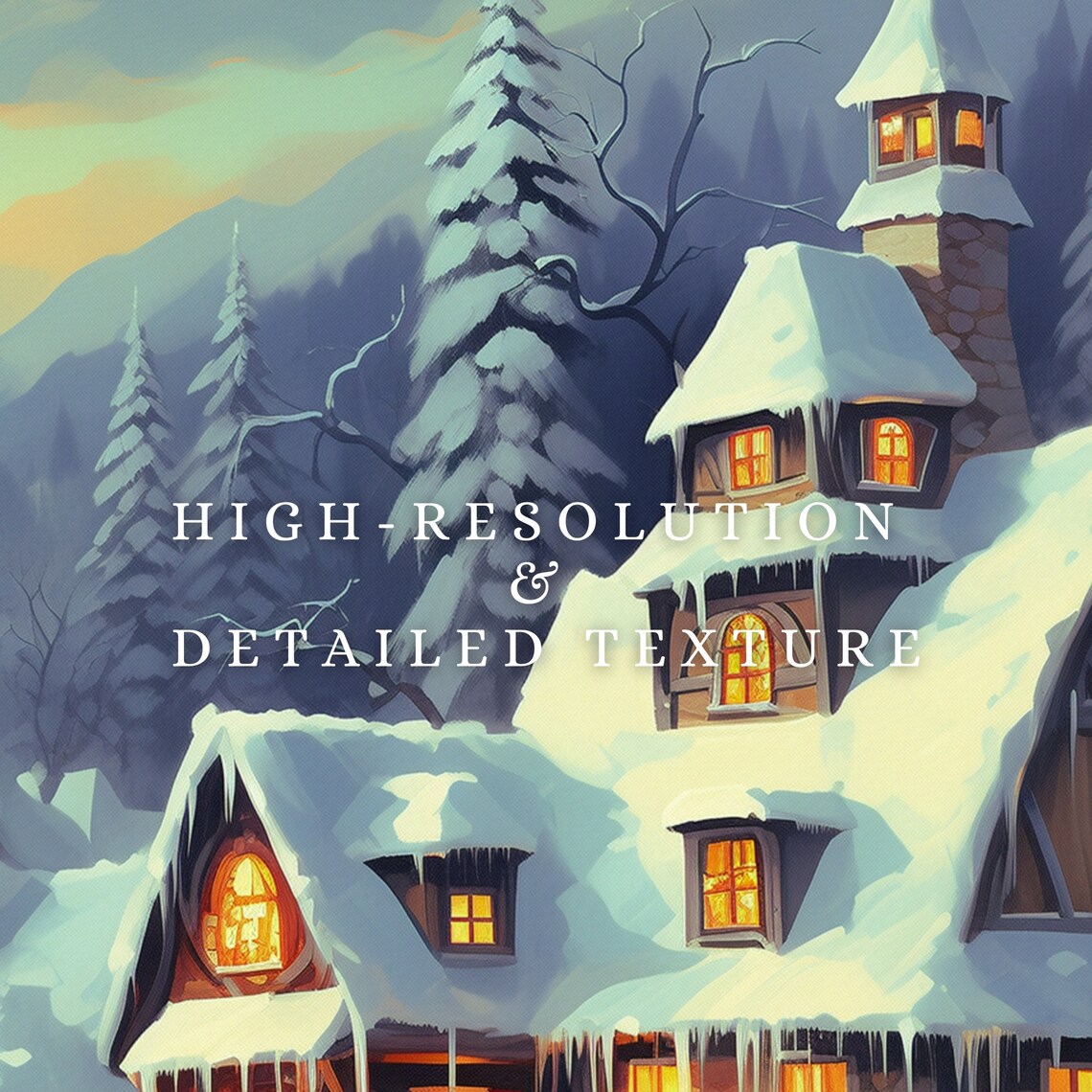 Snowy Mountain Village Sunset Winter Wonderland Landscape Art Poster - Image 2