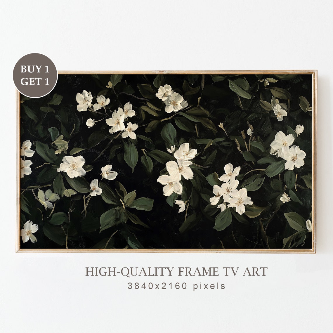 Dark Moody White Floral Blossoms on Black Botanical Night Print