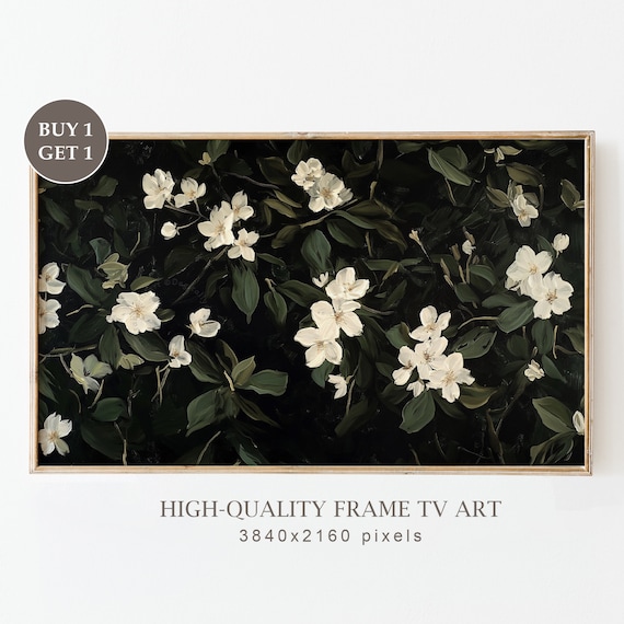Dark Moody White Floral Blossoms on Black Botanical Night Print