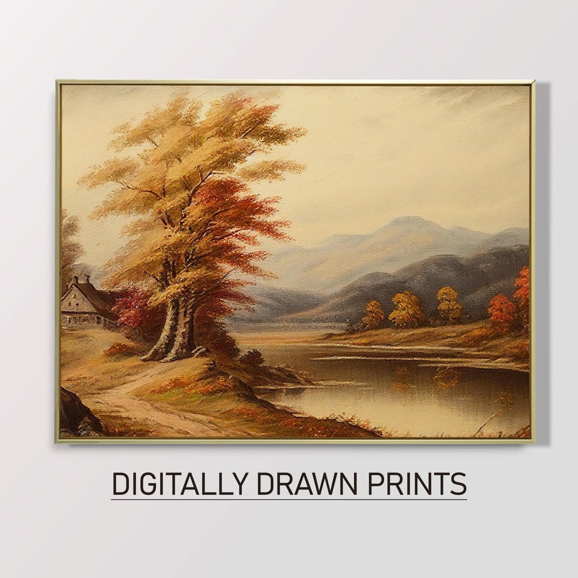 Golden Autumn River Valley Rustic Cabin Mountains Landscape Poster