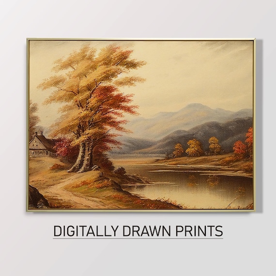 Golden Autumn River Valley Rustic Cabin Mountains Landscape Poster