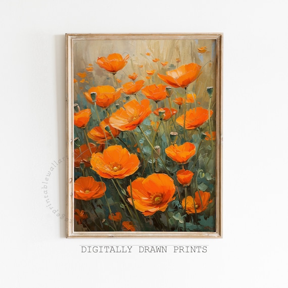 Vibrant Orange Poppies Field Vintage Floral Oil Painting Print