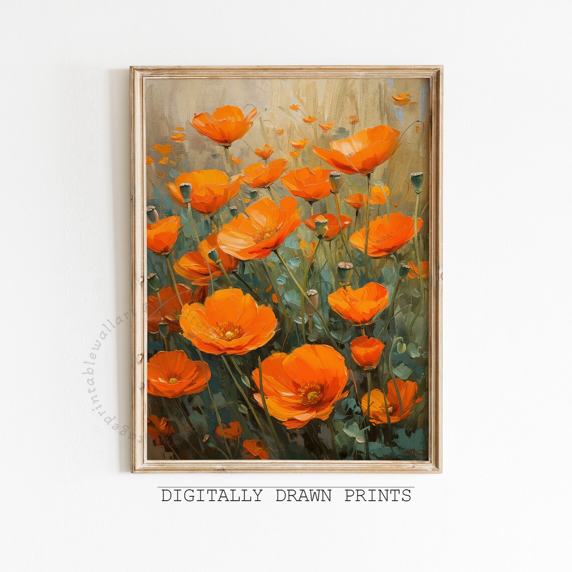 Vibrant Orange Poppies Field Vintage Floral Oil Painting Print