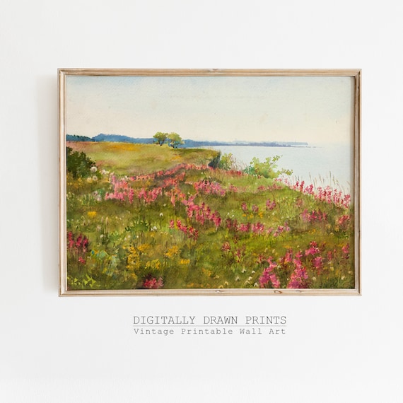 Pink Wildflowers Coastal Meadow Watercolor Vintage Seascape Print