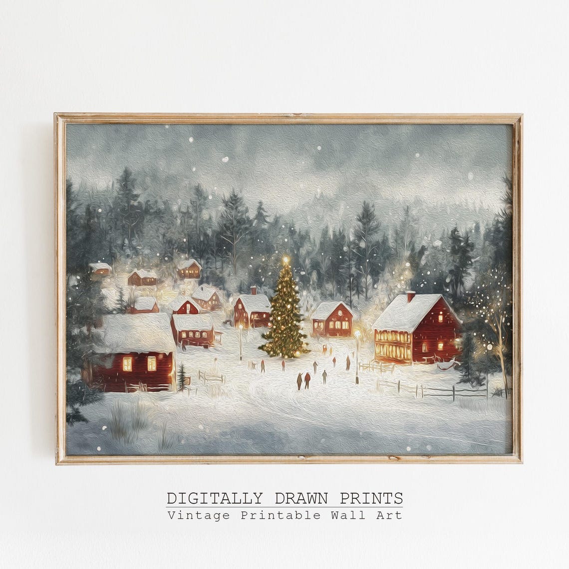 Snowy Winter Village Christmas Tree Lights Red Cabins Night Poster