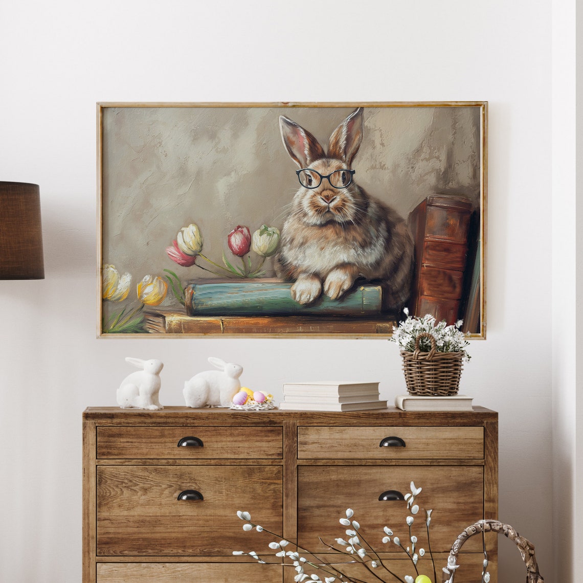 Vintage Easter Bunny Frame Tv Art Neutral Spring Rabbit Painting For Tv Easter Decor Cute Bunny Around Books And Tulips - Image 4