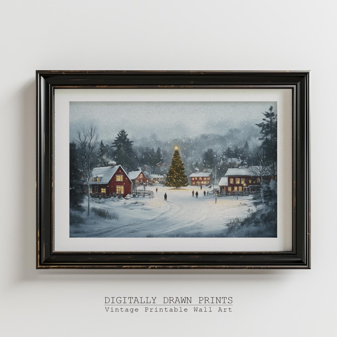 Snowy Christmas Village Lit Tree Red Houses Falling Snow Poster - Image 4